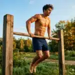 Homme musclé effectuant exercice barre horizontale nature