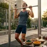 Homme musclé fait tractions barre, suppléments nutritionnels à proximité