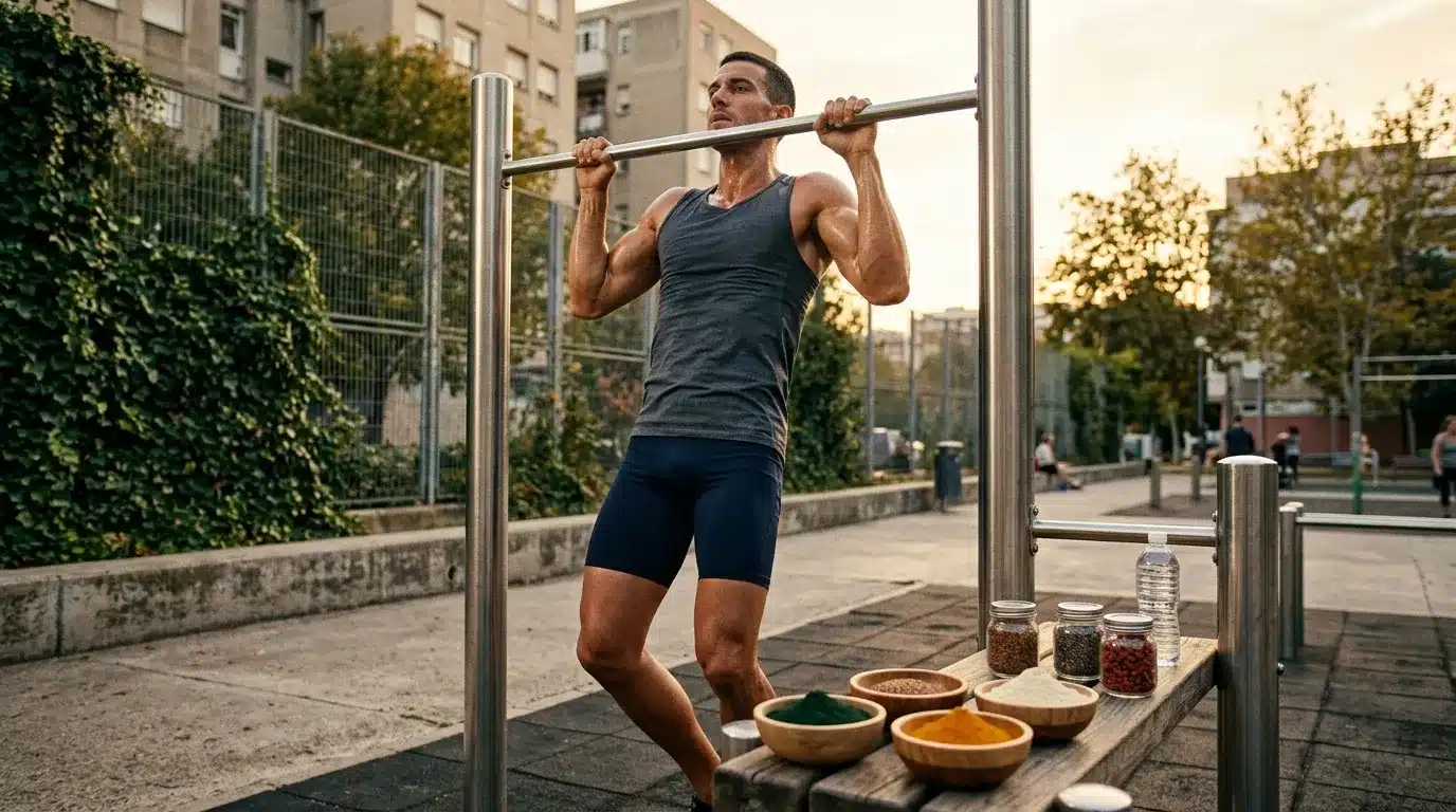 Homme musclé fait tractions barre, suppléments nutritionnels à proximité