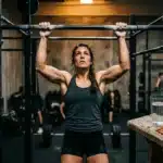 Femme musclée effectuant tractions à la barre en salle sport