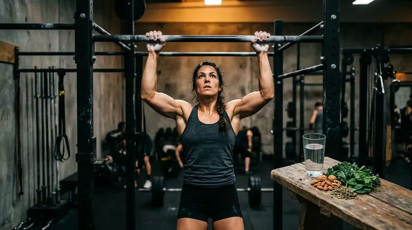 Femme musclée effectuant tractions à la barre en salle sport