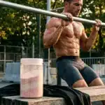 Homme musclé en traction à la barre, supplément protéiné visible