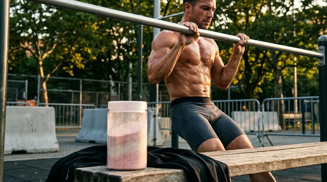 Homme musclé en traction à la barre, supplément protéiné visible
