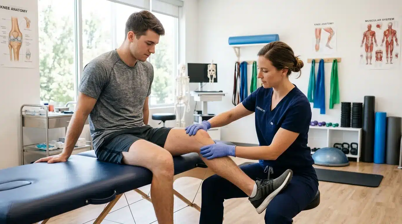 Physiothérapeute examine le genou d'un patient assis