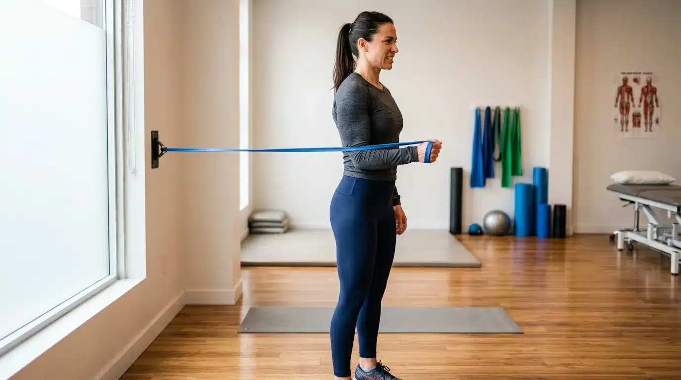 Femme effectuant exercice bande élastique en salle fitness