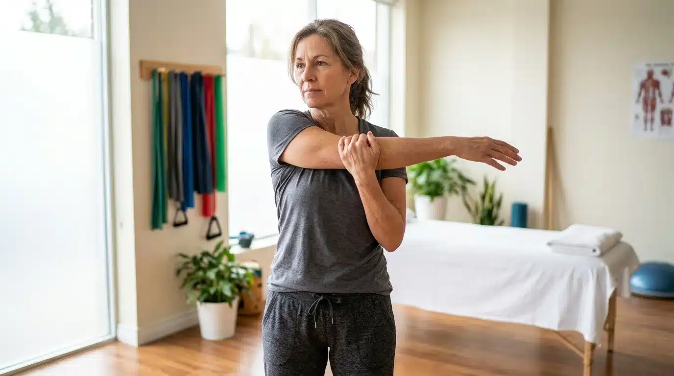 Femme en tenue de sport faisant un étirement du bras en clinique
