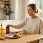 Femme souriante avec saumon, huile et suppléments omega-3