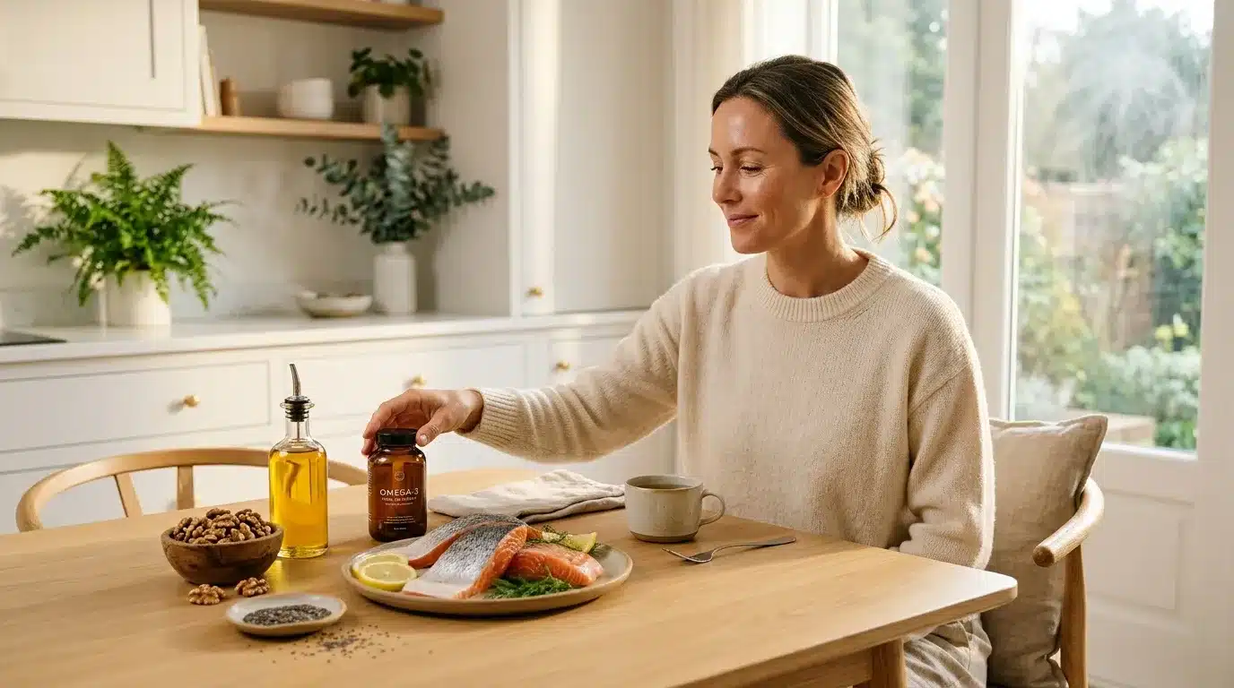Femme souriante avec saumon, huile et suppléments omega-3