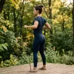 Femme en tenue de sport pratique la corde à sauter sur terrasse bois