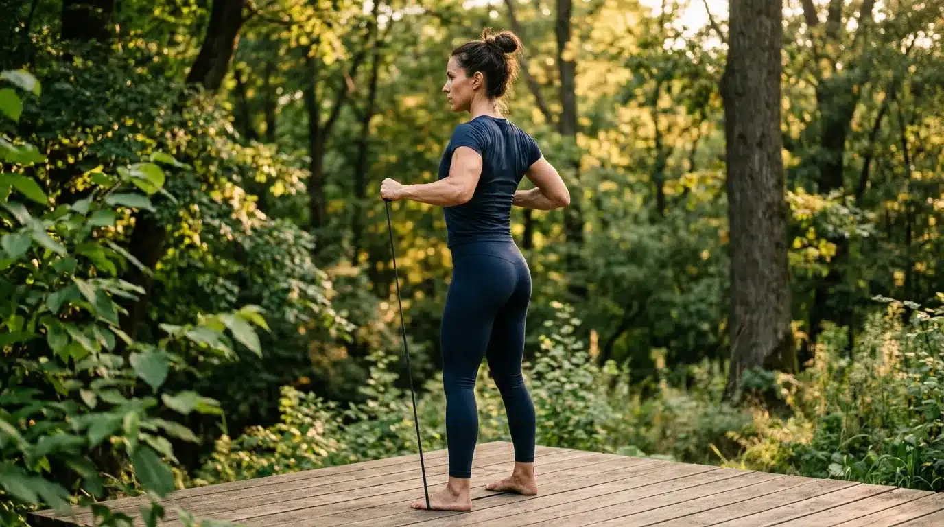 Femme en tenue de sport pratique la corde à sauter sur terrasse bois