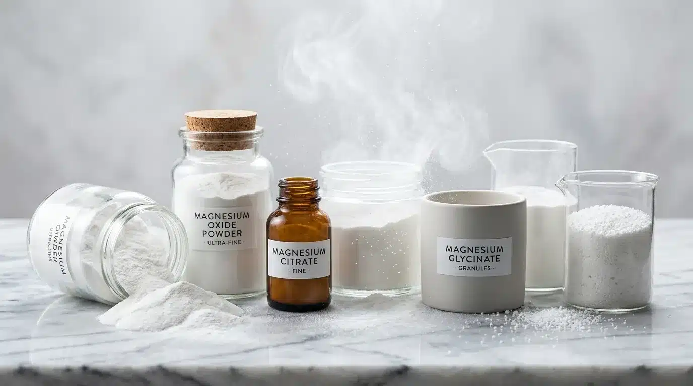 Différentes formes de magnésium : poudre, citrate, glycinate, granules