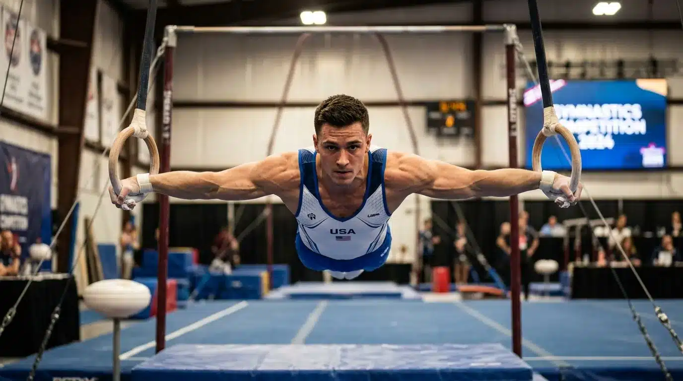 Athlète USA effectue figure aux anneaux en salle de gymnastique