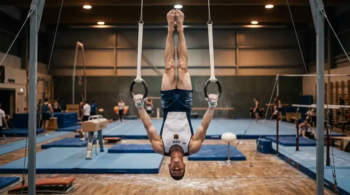 Gymnaste suspendu inversé aux anneaux dans un gymnase