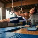 Homme musclé exécutant figure acrobatique aux anneaux de gymnastique