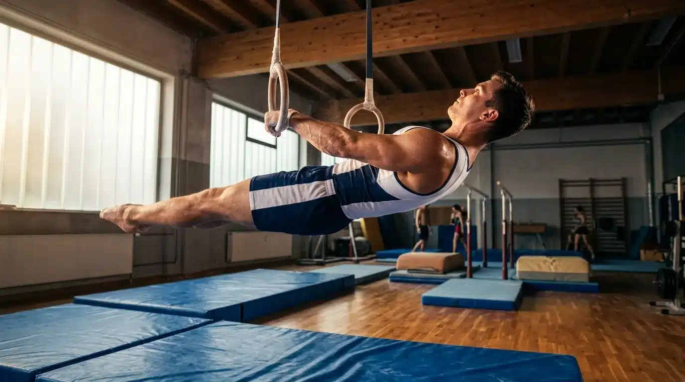 Homme musclé exécutant figure acrobatique aux anneaux de gymnastique