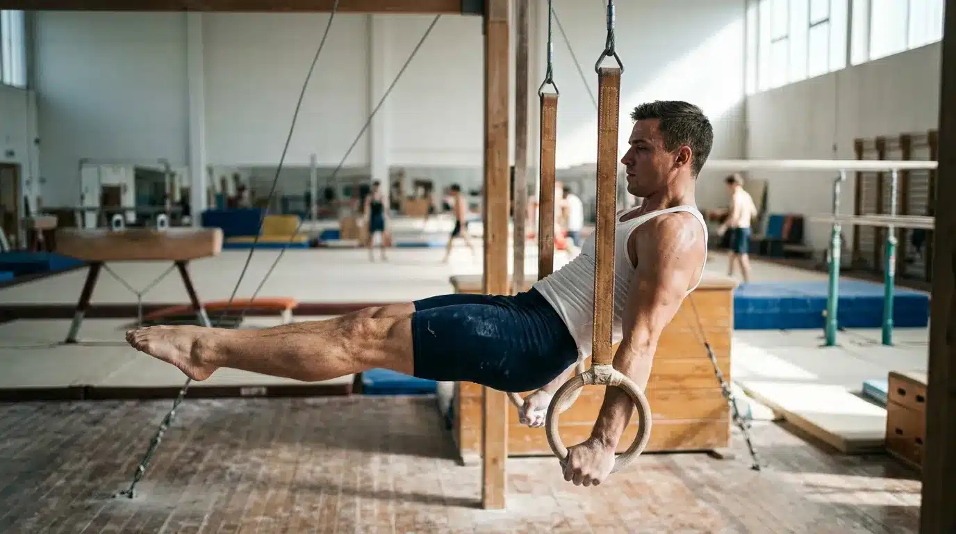 Athlète masculin effectuant exercice aux anneaux de gymnastique