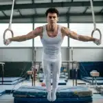 Athlète masculin exécute un exercice aux anneaux de gymnastique