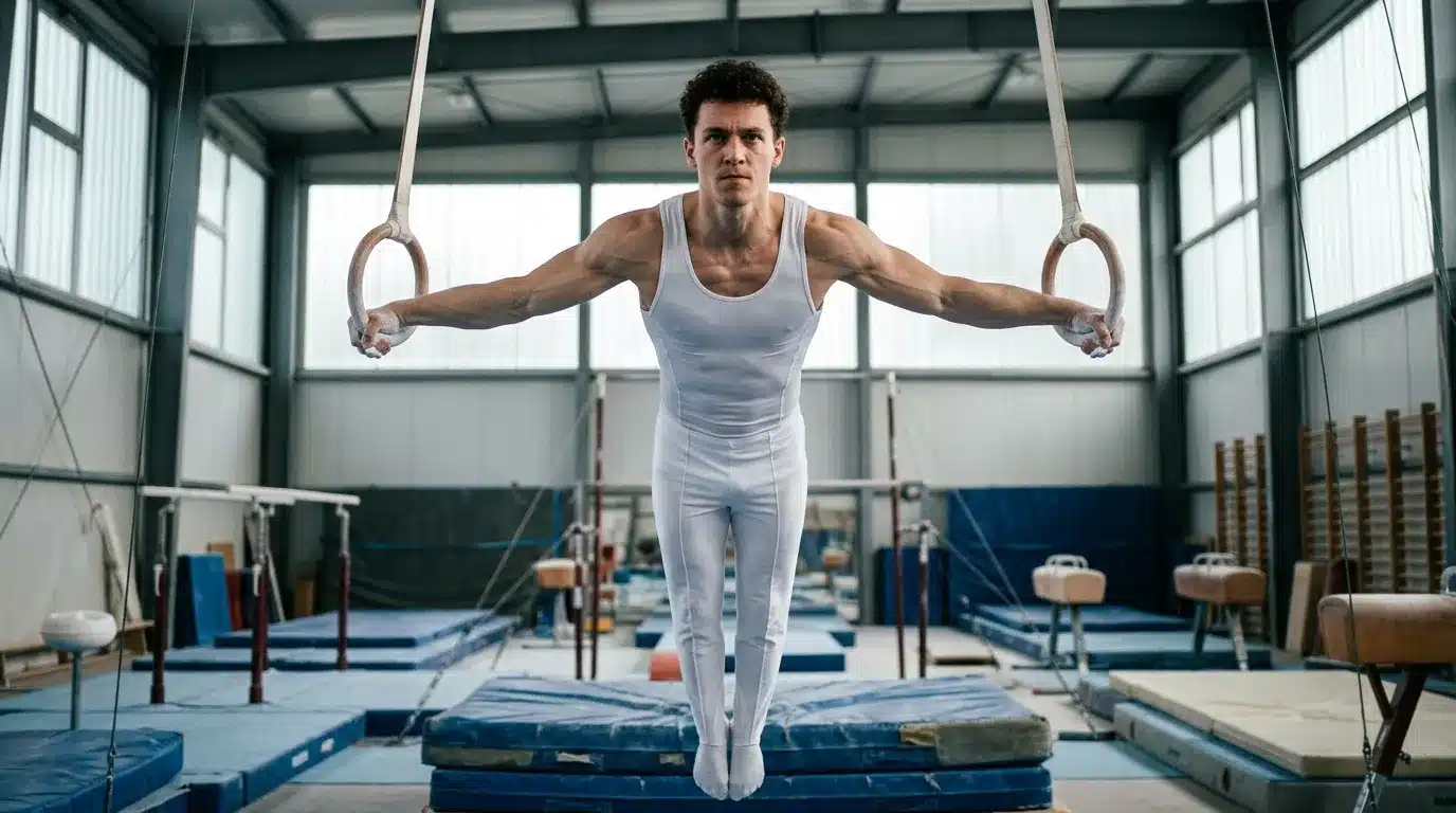 Athlète masculin exécute un exercice aux anneaux de gymnastique