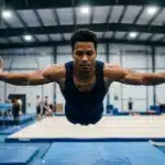 Athlète musclé exécute un exercice aux anneaux de gymnastique