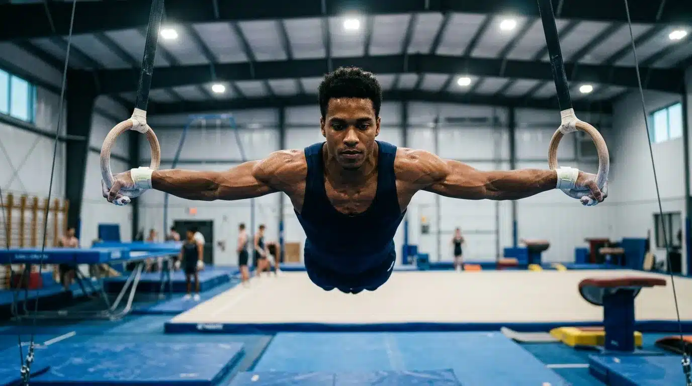 Athlète musclé exécute un exercice aux anneaux de gymnastique