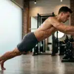Athlète musclé effectuant une planche abdominale en salle de sport