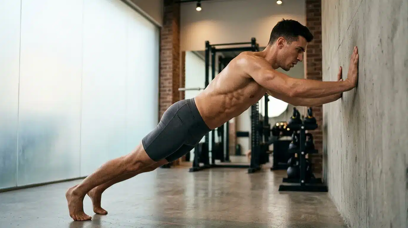 Athlète musclé effectuant une planche abdominale en salle de sport
