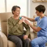 Professionnel de santé soigne l'épaule d'une patiente assise