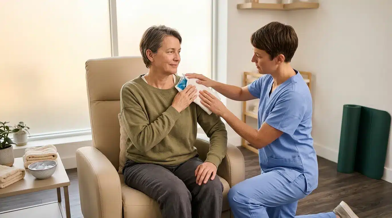 Professionnel de santé soigne l'épaule d'une patiente assise