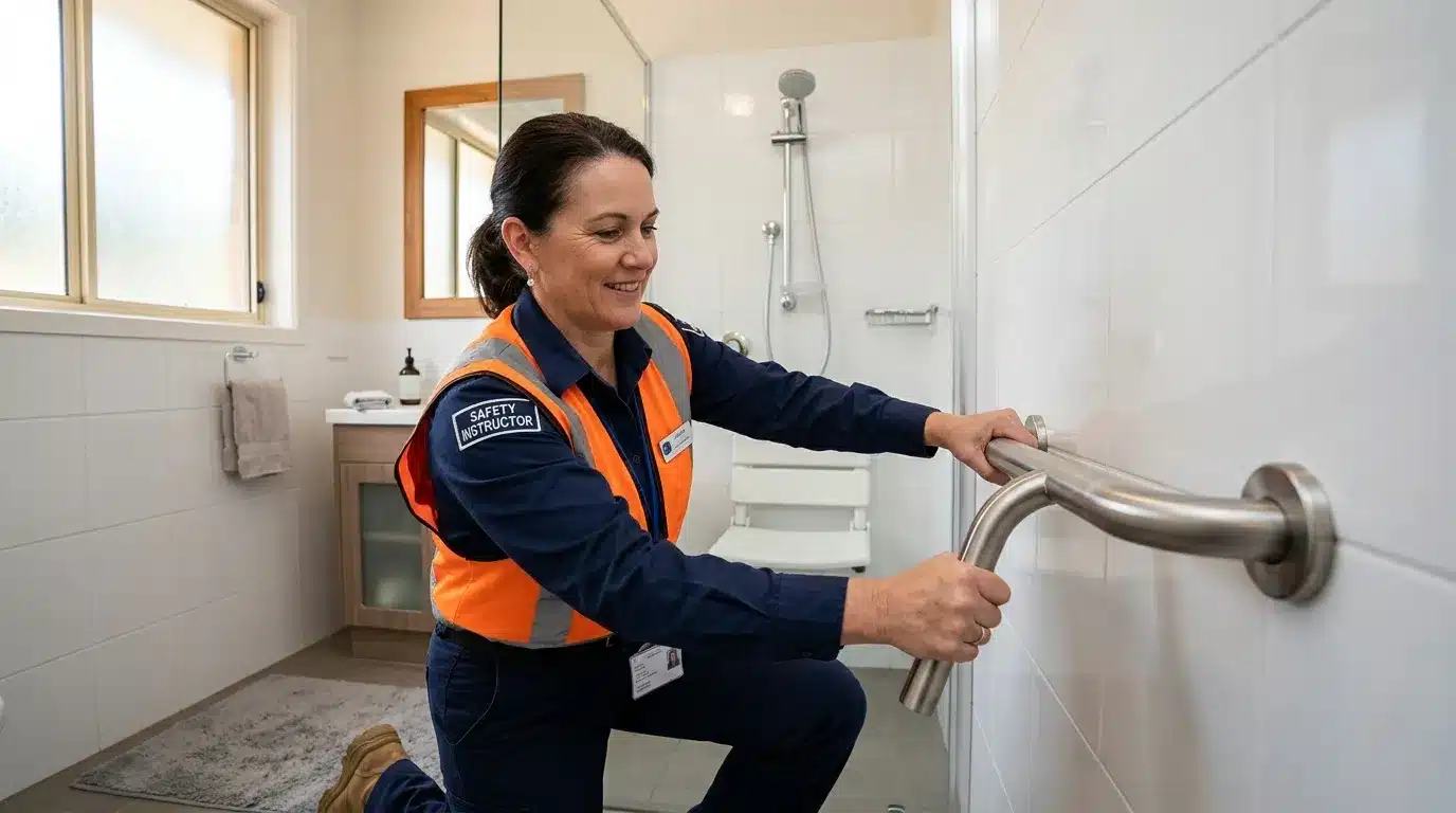 Femme en uniforme montrant une barre d'appui de salle bain