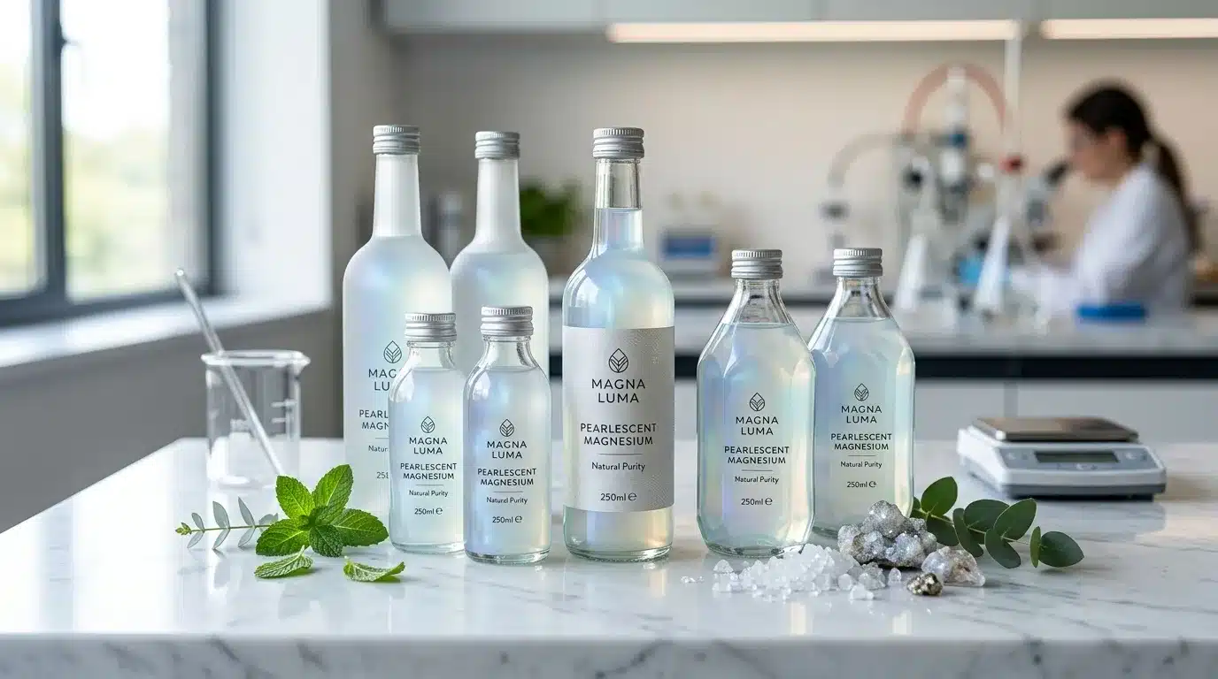 Bouteilles de magnésium perlescent Magna Luma en laboratoire