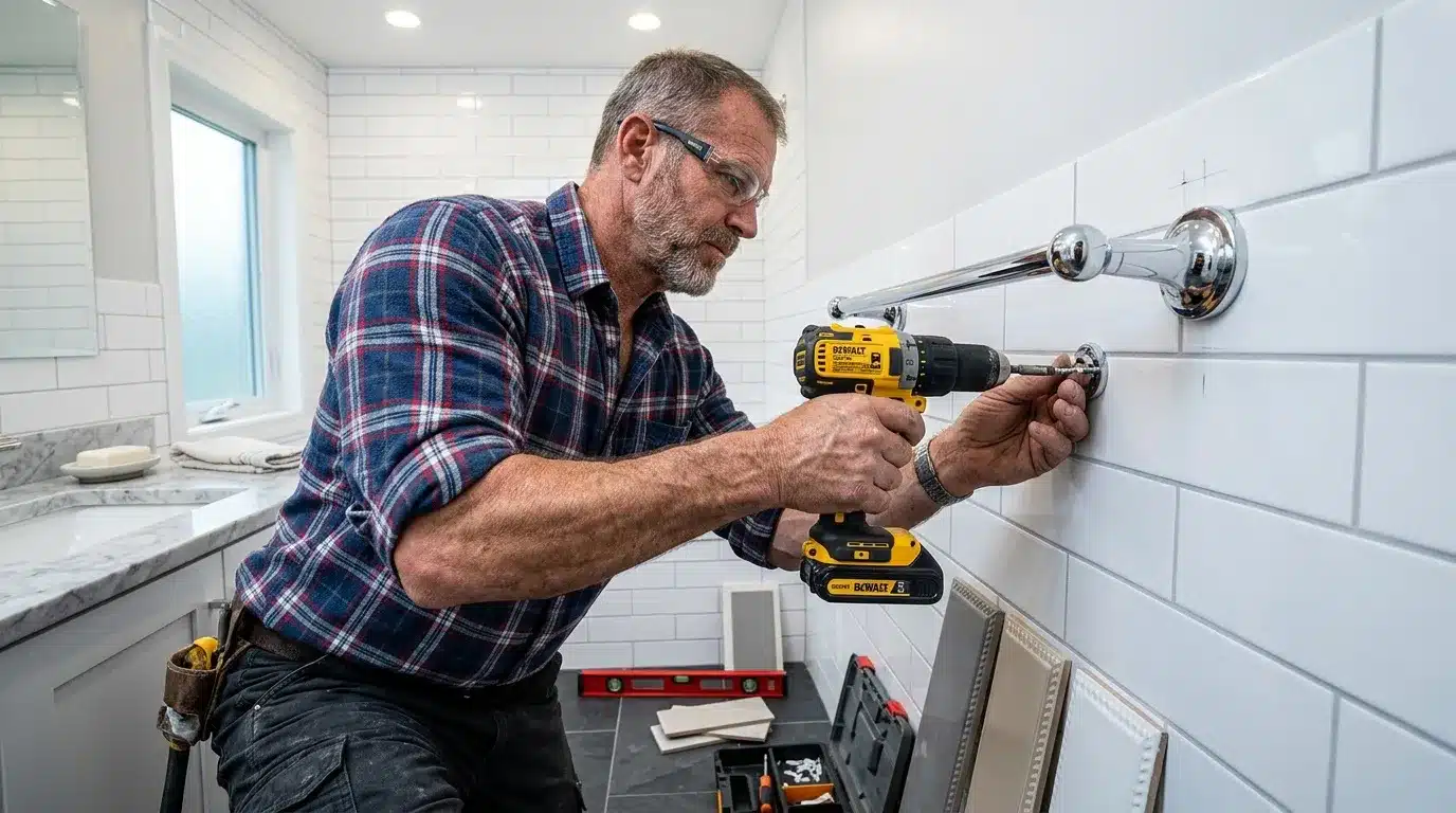 Homme avec perceuse fixe barre de douche salle bain