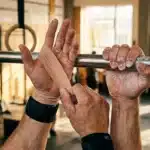 Mains bandées tenant une barre de musculation en gym