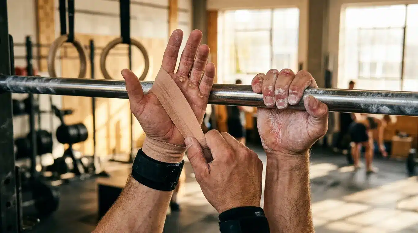 Mains bandées tenant une barre de musculation en gym