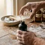 Artisan verse un liquide transparent dans un flacon noir de peinture