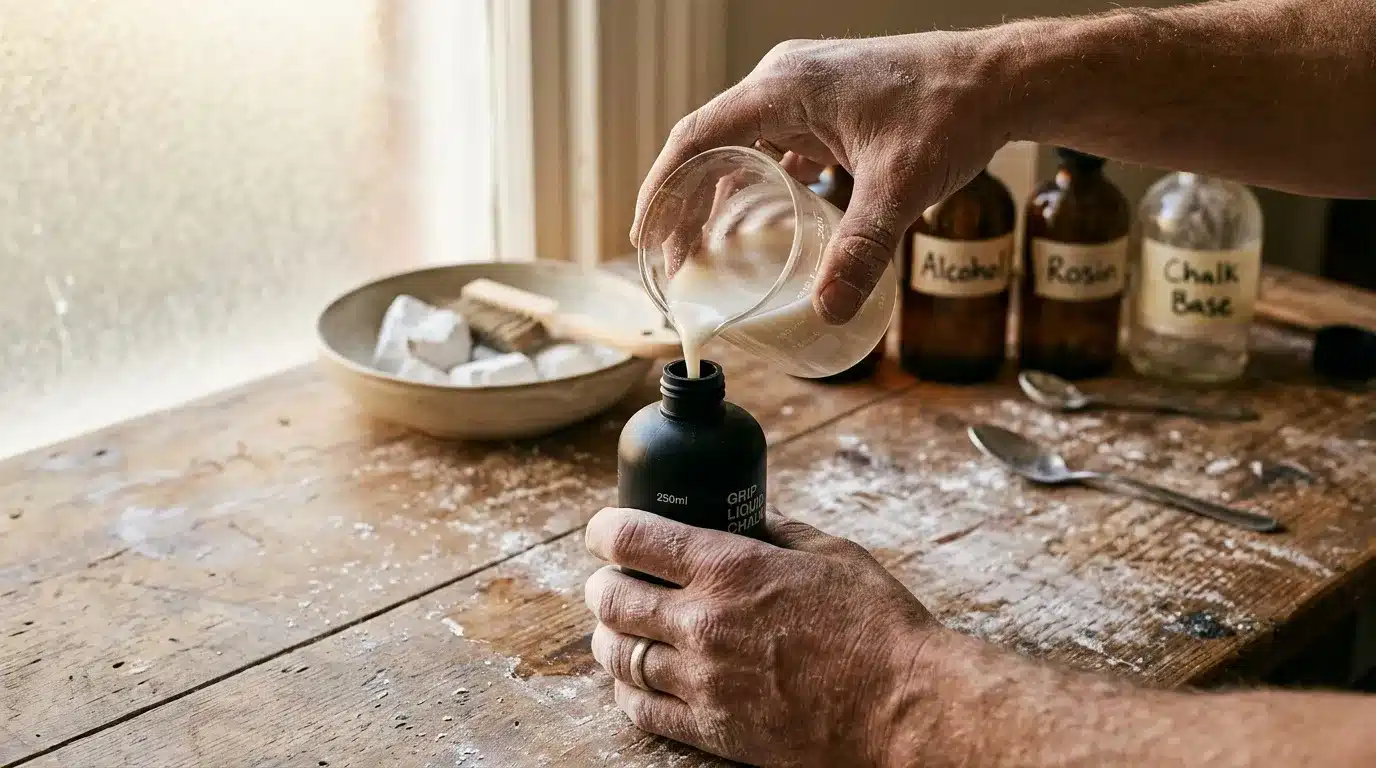 Artisan verse un liquide transparent dans un flacon noir de peinture