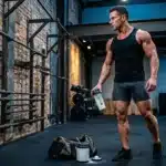 Homme musclé tenant une bouteille pendant son entraînement fitness