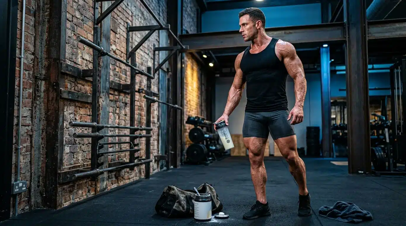 Homme musclé tenant une bouteille pendant son entraînement fitness