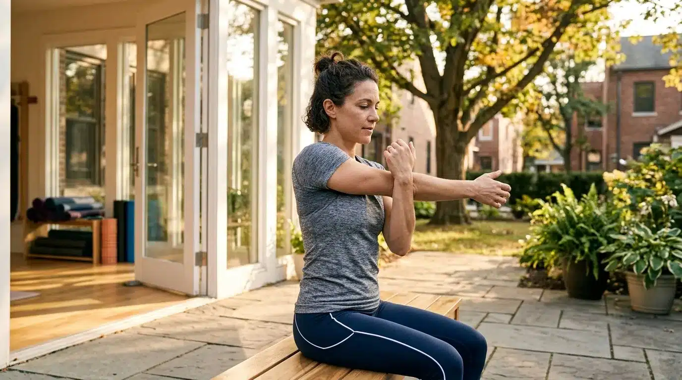 Femme pratiquant le yoga sur une terrasse ensoleillée